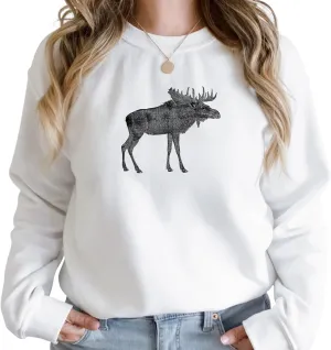 Printed Vintage Moose Design - Crewneck Sweatshirt Unisex Oversized Cozy PolyCotton - Sweatshirt for Nature Lovers