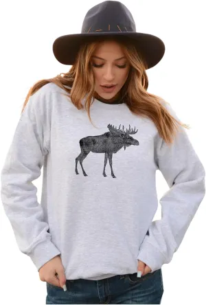 Printed Vintage Moose Design - Crewneck Sweatshirt Unisex Oversized Cozy PolyCotton - Sweatshirt for Nature Lovers