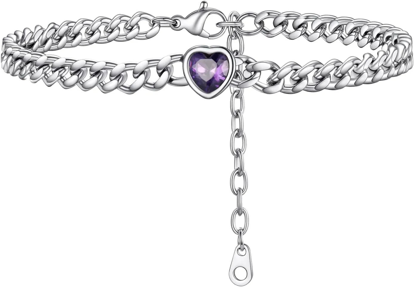 PROSTEEL Cuban Links Heart Anklets for Women, Adorned with Sparkling Birthstone, Black Stainless Steel Chain Ankle Bracelet, 8.5"-10.5" Adjustable, Come with Box