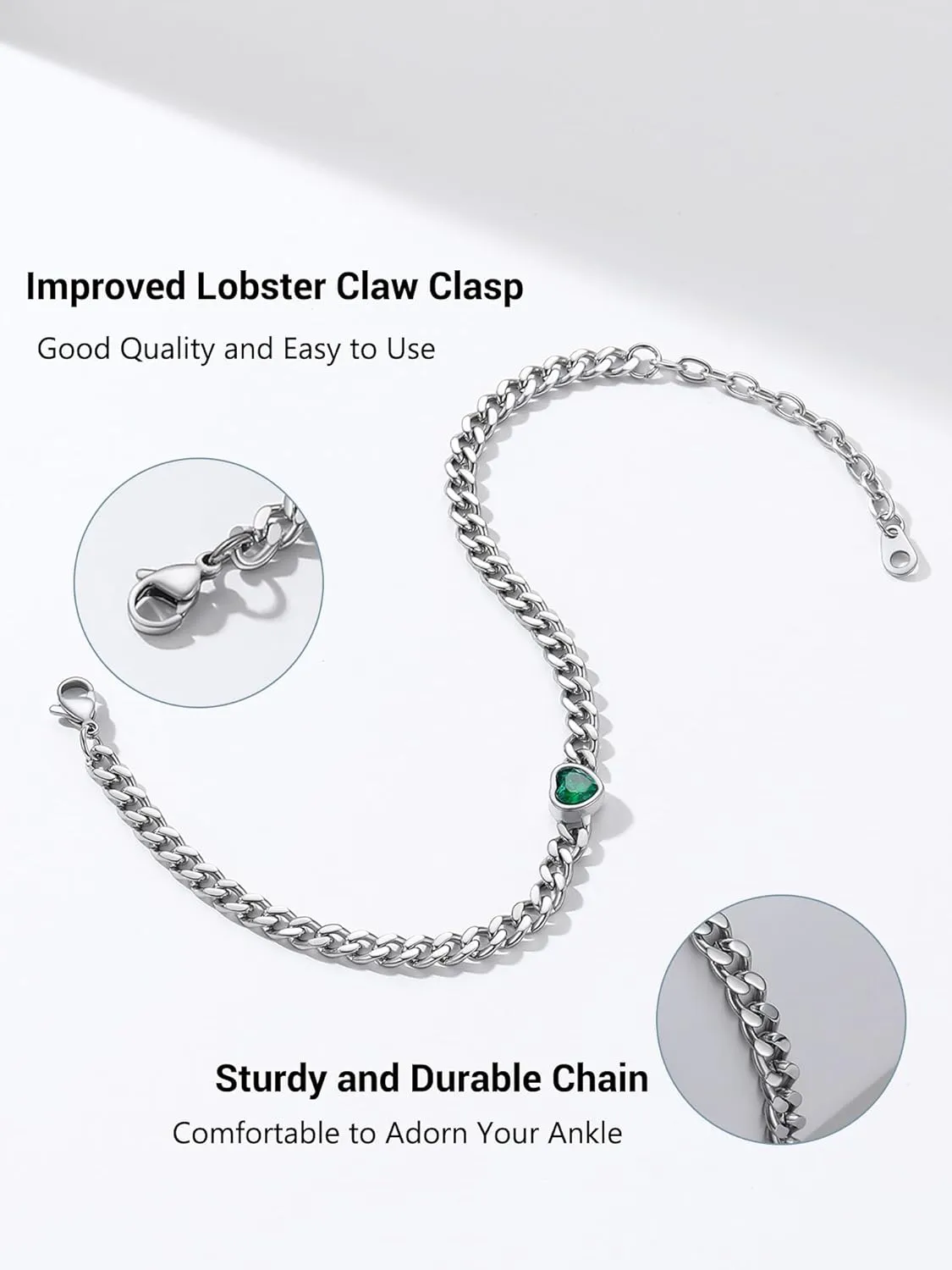 PROSTEEL Cuban Links Heart Anklets for Women, Adorned with Sparkling Birthstone, Black Stainless Steel Chain Ankle Bracelet, 8.5"-10.5" Adjustable, Come with Box