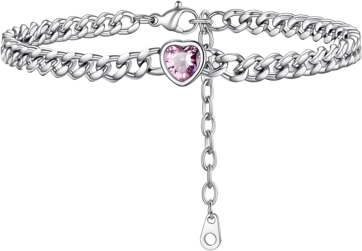 PROSTEEL Cuban Links Heart Anklets for Women, Adorned with Sparkling Birthstone, Black Stainless Steel Chain Ankle Bracelet, 8.5"-10.5" Adjustable, Come with Box