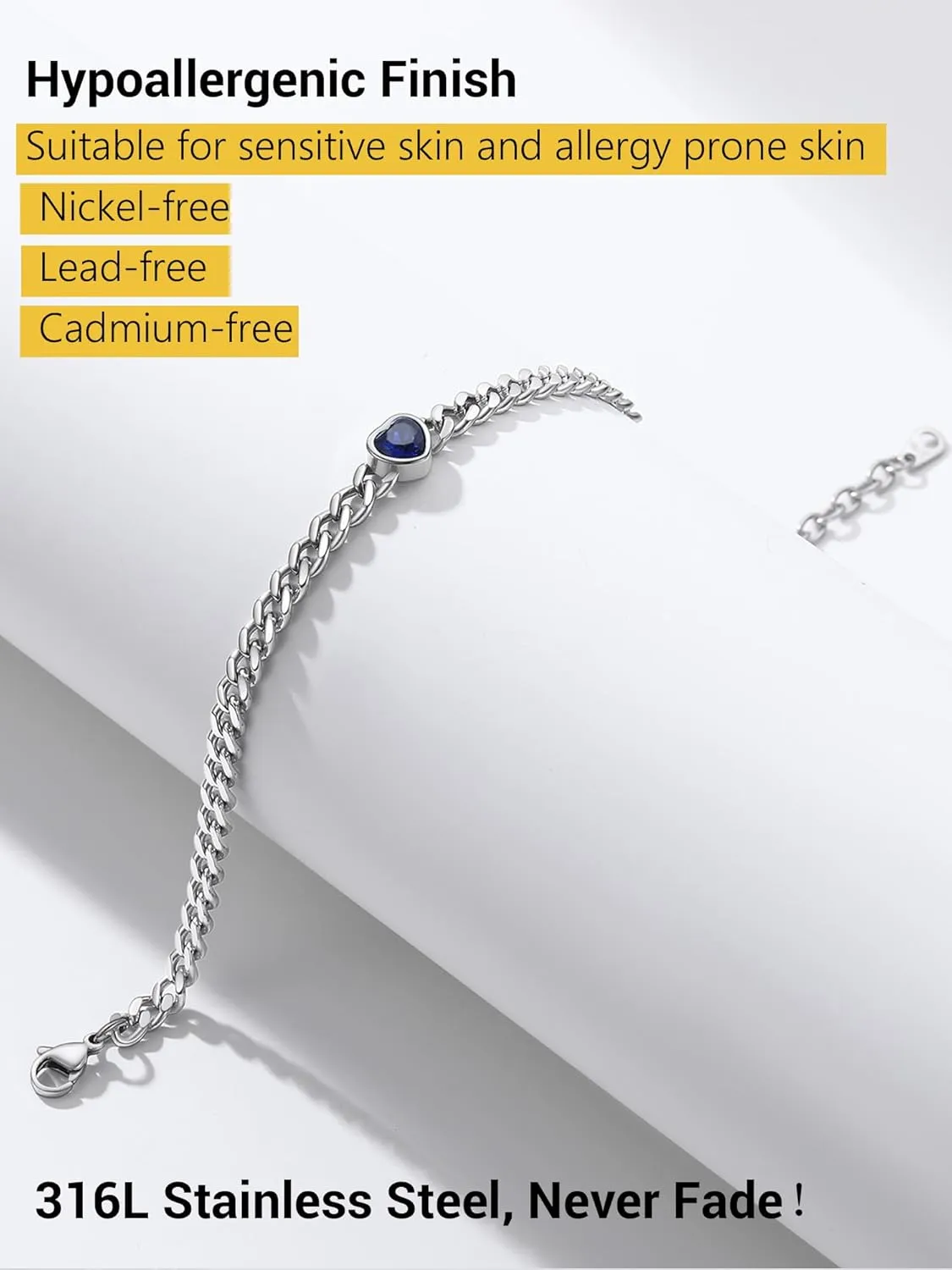 PROSTEEL Cuban Links Heart Anklets for Women, Adorned with Sparkling Birthstone, Black Stainless Steel Chain Ankle Bracelet, 8.5"-10.5" Adjustable, Come with Box