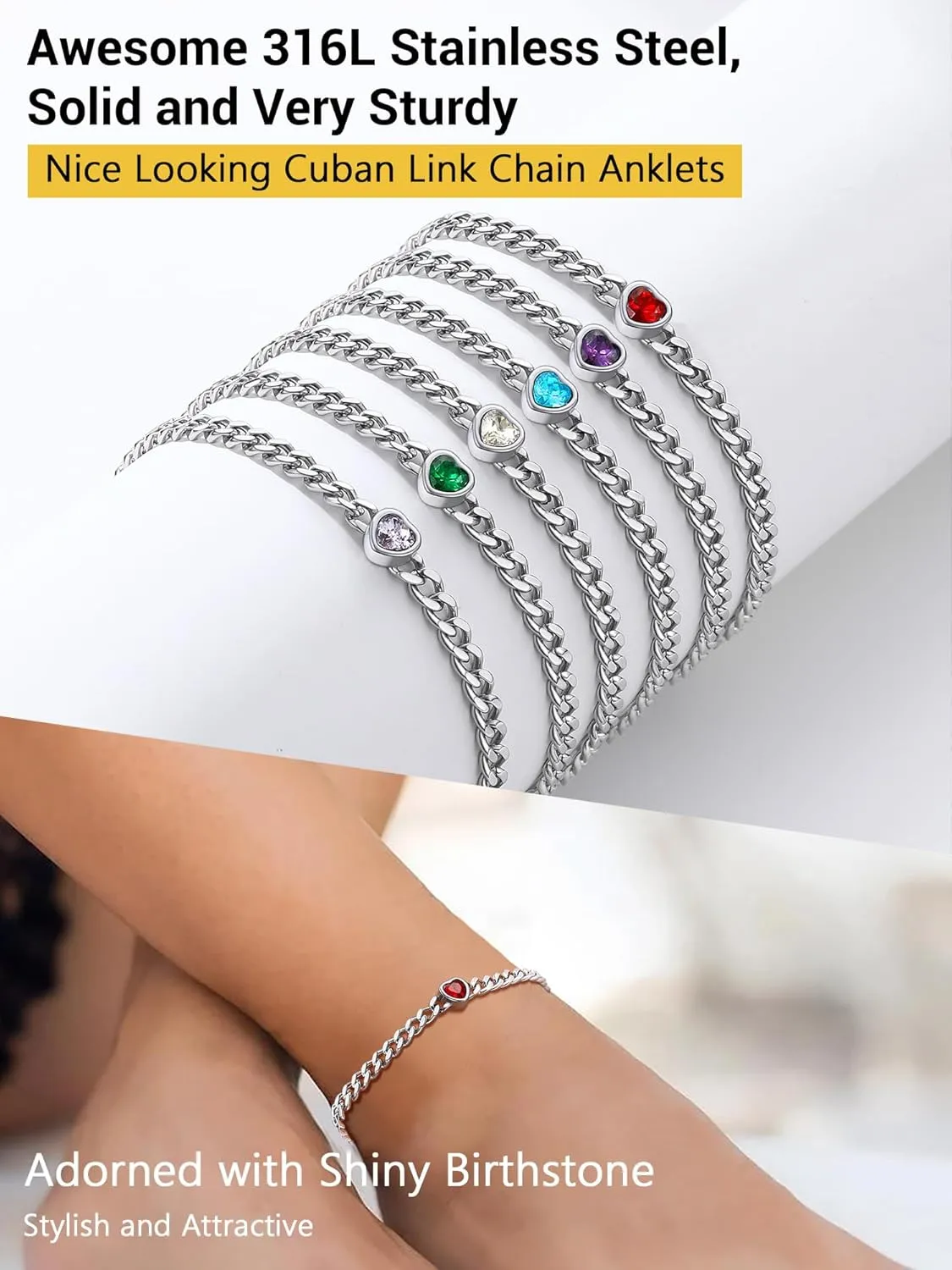 PROSTEEL Cuban Links Heart Anklets for Women, Adorned with Sparkling Birthstone, Black Stainless Steel Chain Ankle Bracelet, 8.5"-10.5" Adjustable, Come with Box