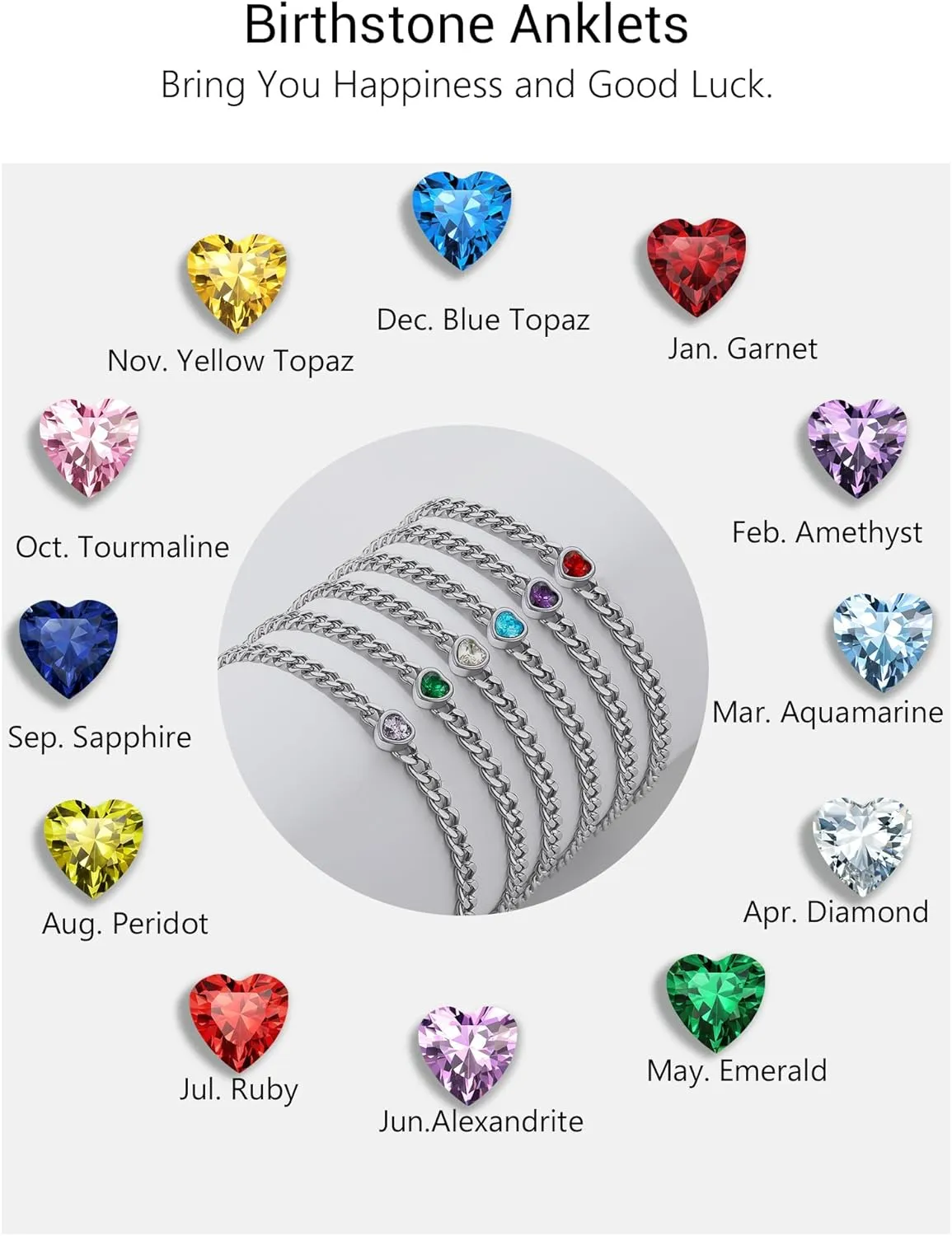 PROSTEEL Cuban Links Heart Anklets for Women, Adorned with Sparkling Birthstone, Black Stainless Steel Chain Ankle Bracelet, 8.5"-10.5" Adjustable, Come with Box