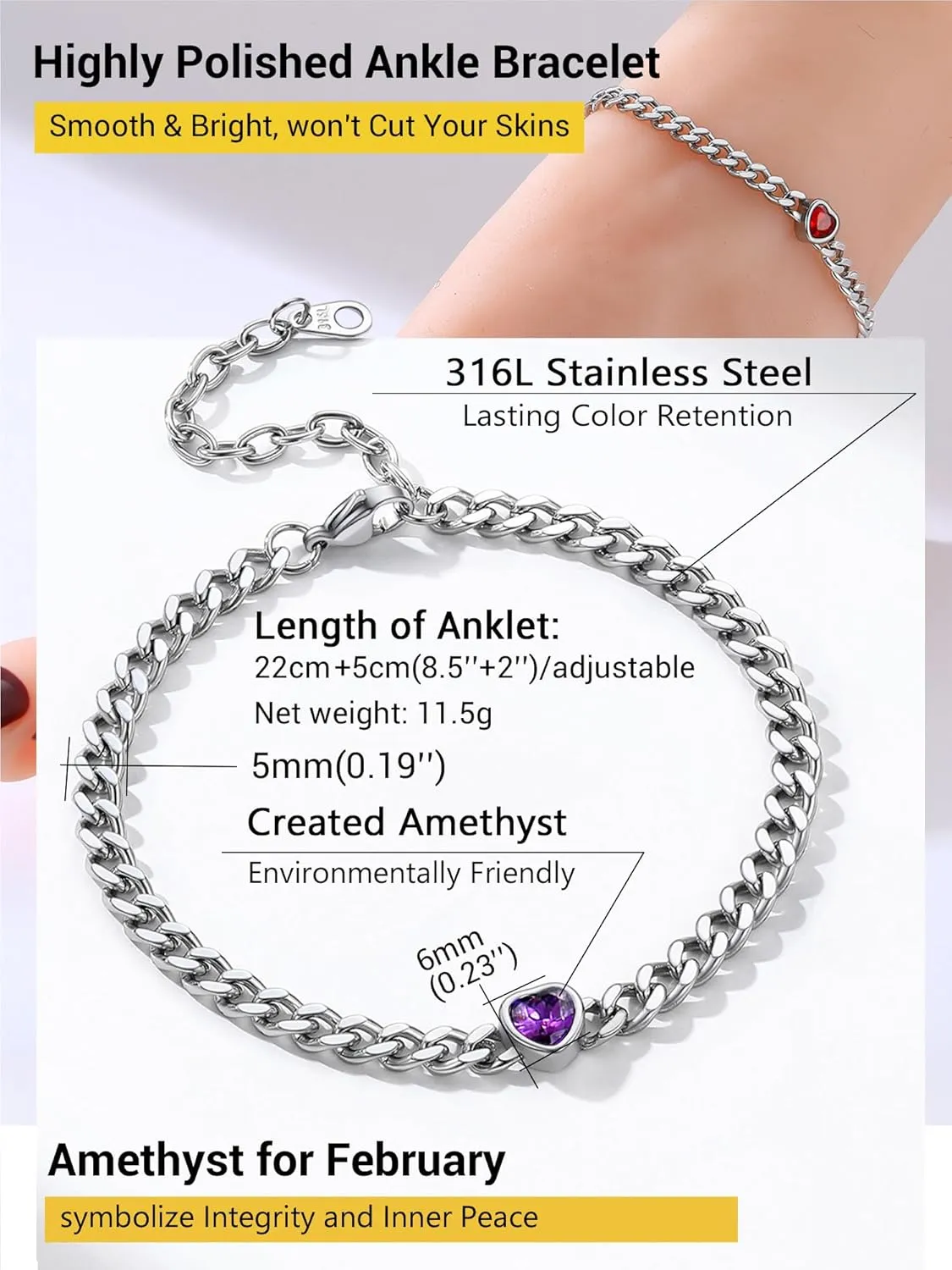 PROSTEEL Cuban Links Heart Anklets for Women, Adorned with Sparkling Birthstone, Black Stainless Steel Chain Ankle Bracelet, 8.5"-10.5" Adjustable, Come with Box
