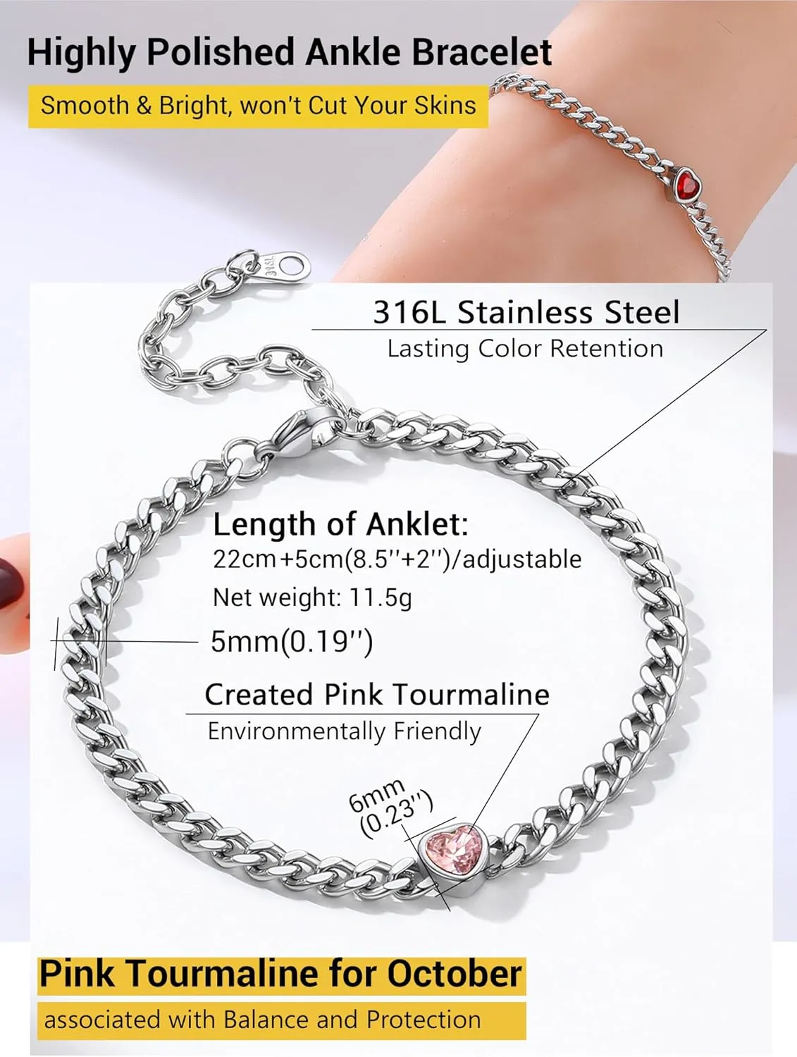 PROSTEEL Cuban Links Heart Anklets for Women, Adorned with Sparkling Birthstone, Black Stainless Steel Chain Ankle Bracelet, 8.5"-10.5" Adjustable, Come with Box
