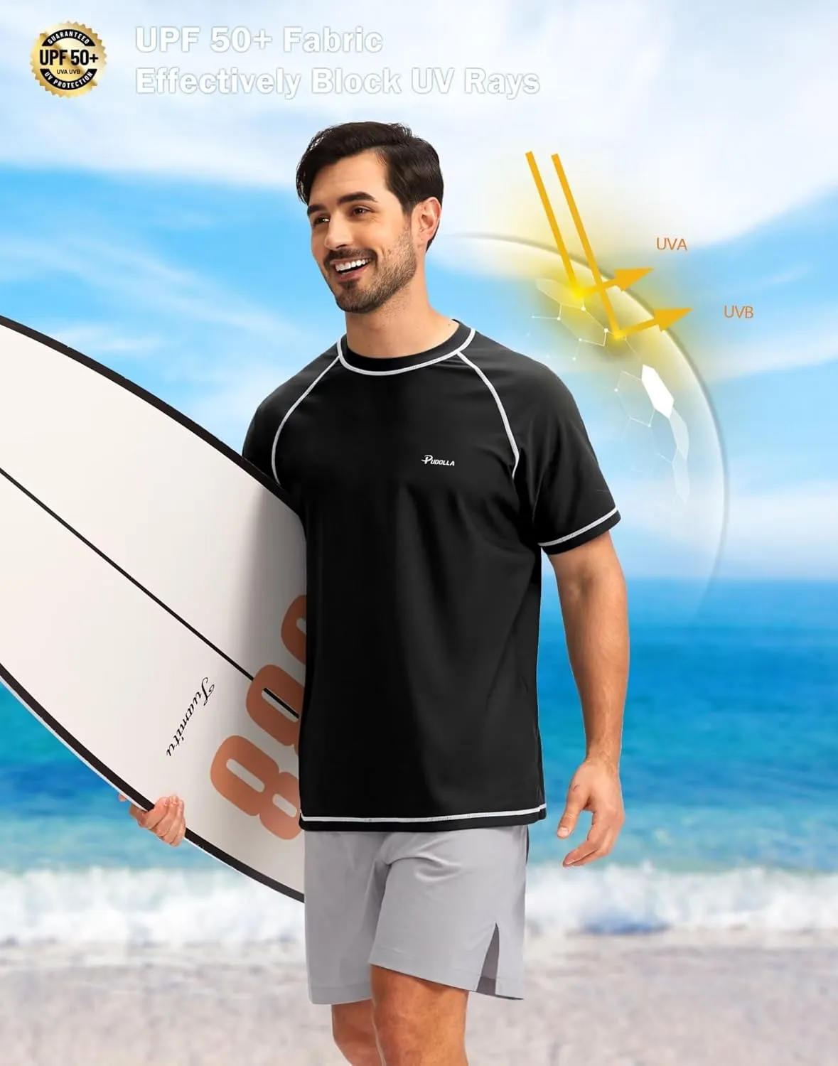 Pudolla Men's Swim Shirts Rash Guard Shirts for Men UPF 50  Sun Protection T-Shirts Quick Dry Beach Surf Water Shirt
