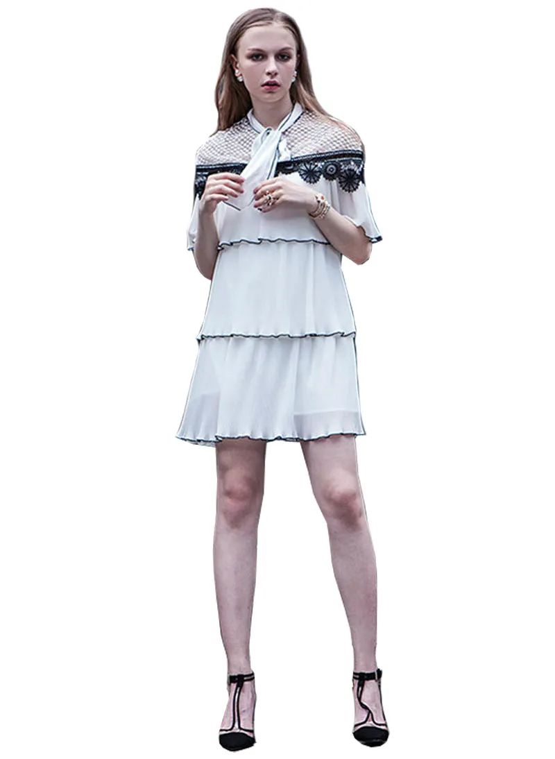 Pussy-bow Pleated Gazar & Guipure Lace Cape Mini Dress