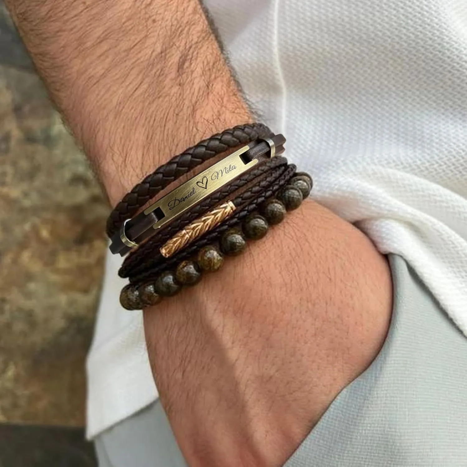 Qina C. Personalized Custom Mens Leather Bracelet Engraved Text Stainless Steel Wristband Gift f/Boyfriend Dad Husband