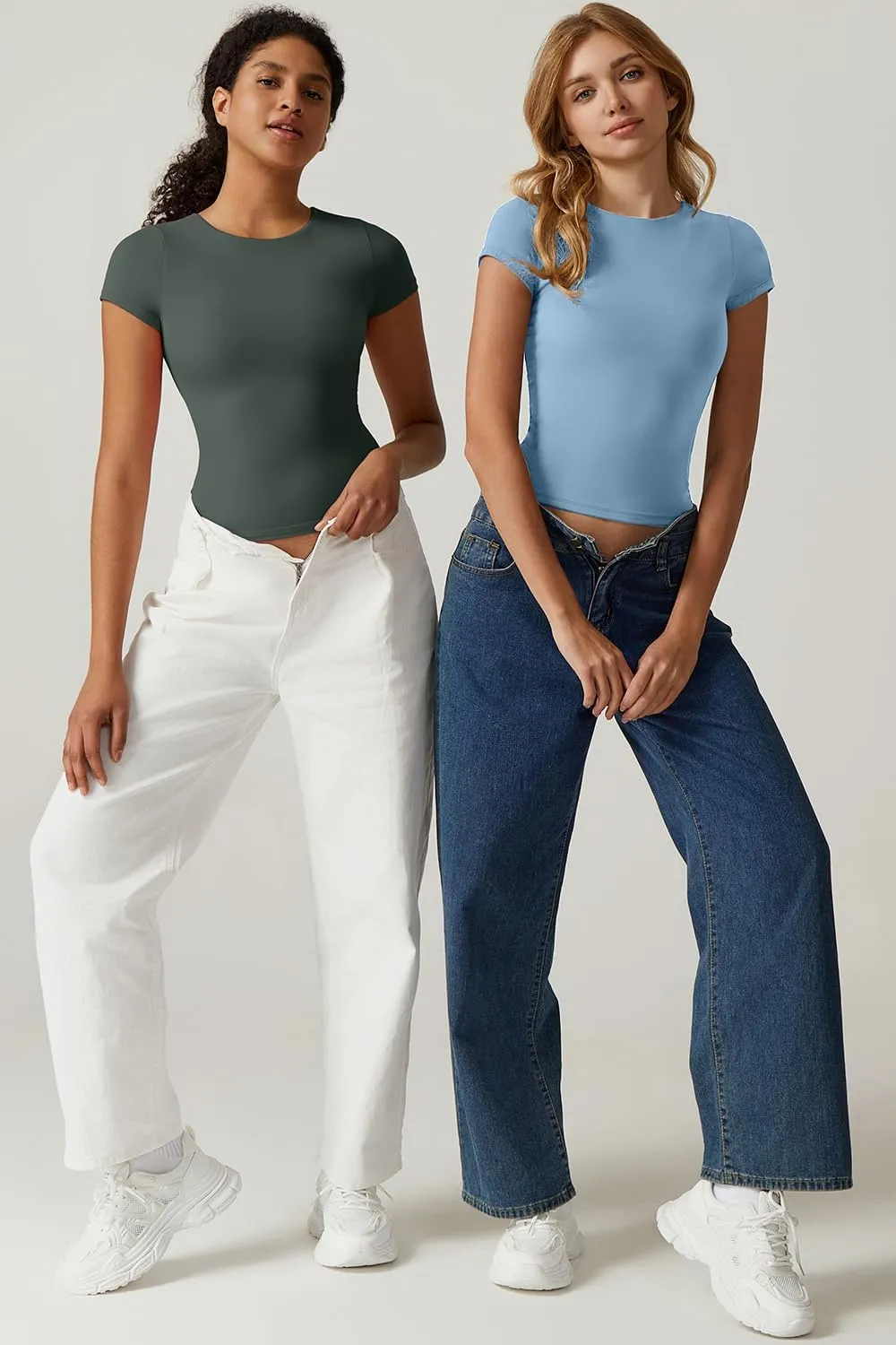 QINSEN Women's Crew Neck Short Sleeve Tees Double Lined Slim Fit T Shirt Basic Y2K Tops