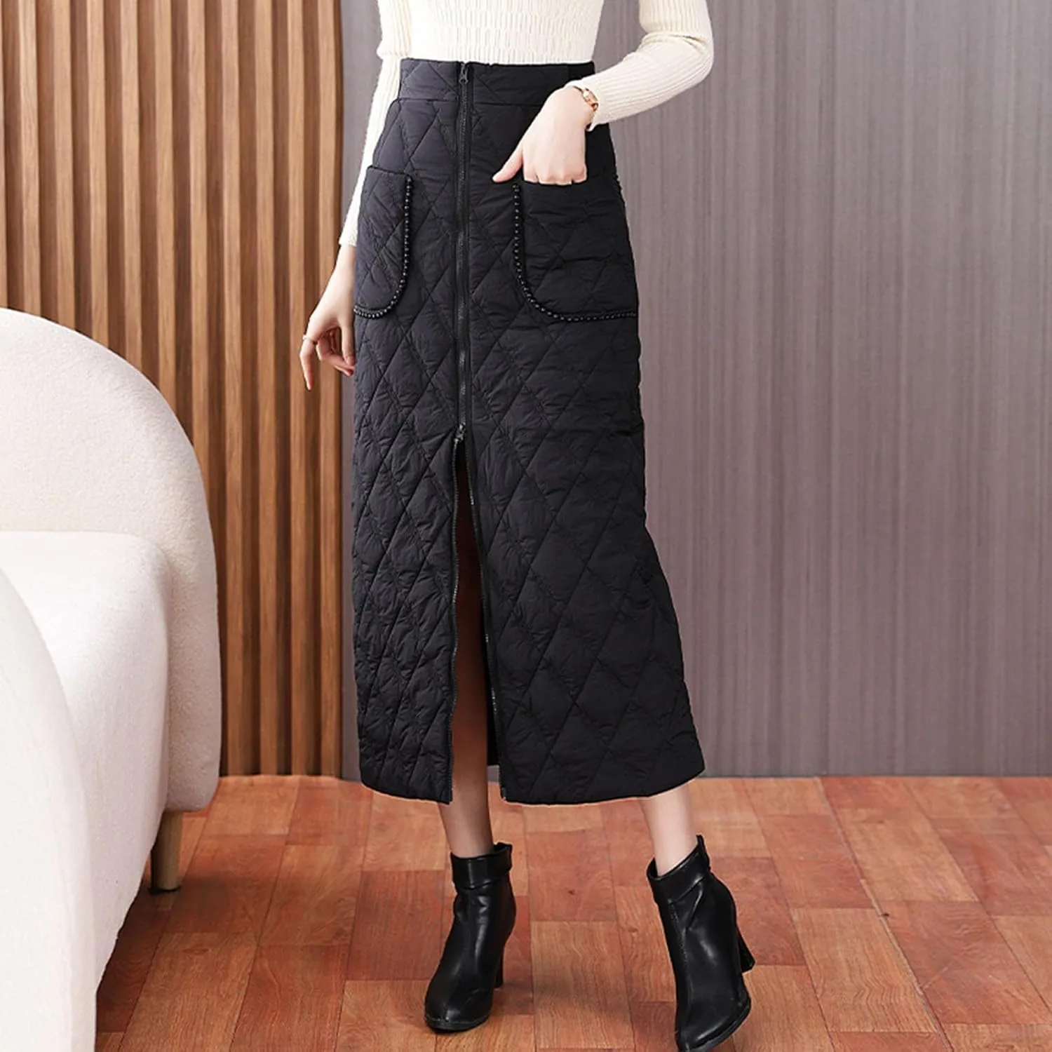Quilted Maxi Skirt Women Zipper Pockets high Waist Skirt Winter or Fall