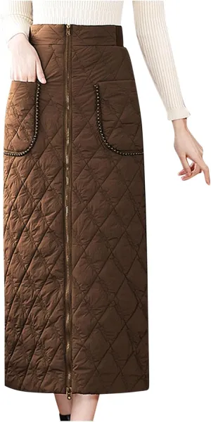 Quilted Maxi Skirt Women Zipper Pockets high Waist Skirt Winter or Fall