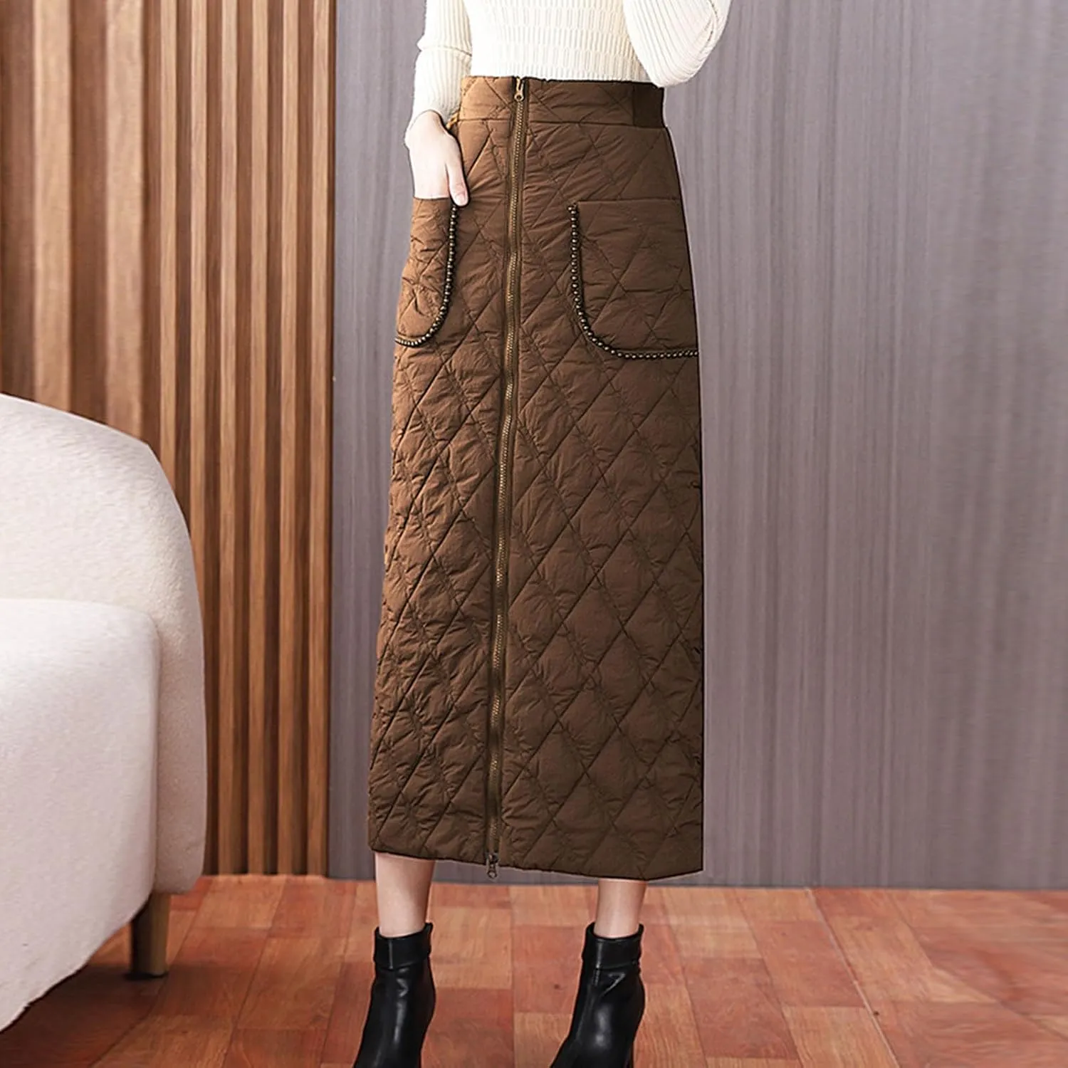 Quilted Maxi Skirt Women Zipper Pockets high Waist Skirt Winter or Fall