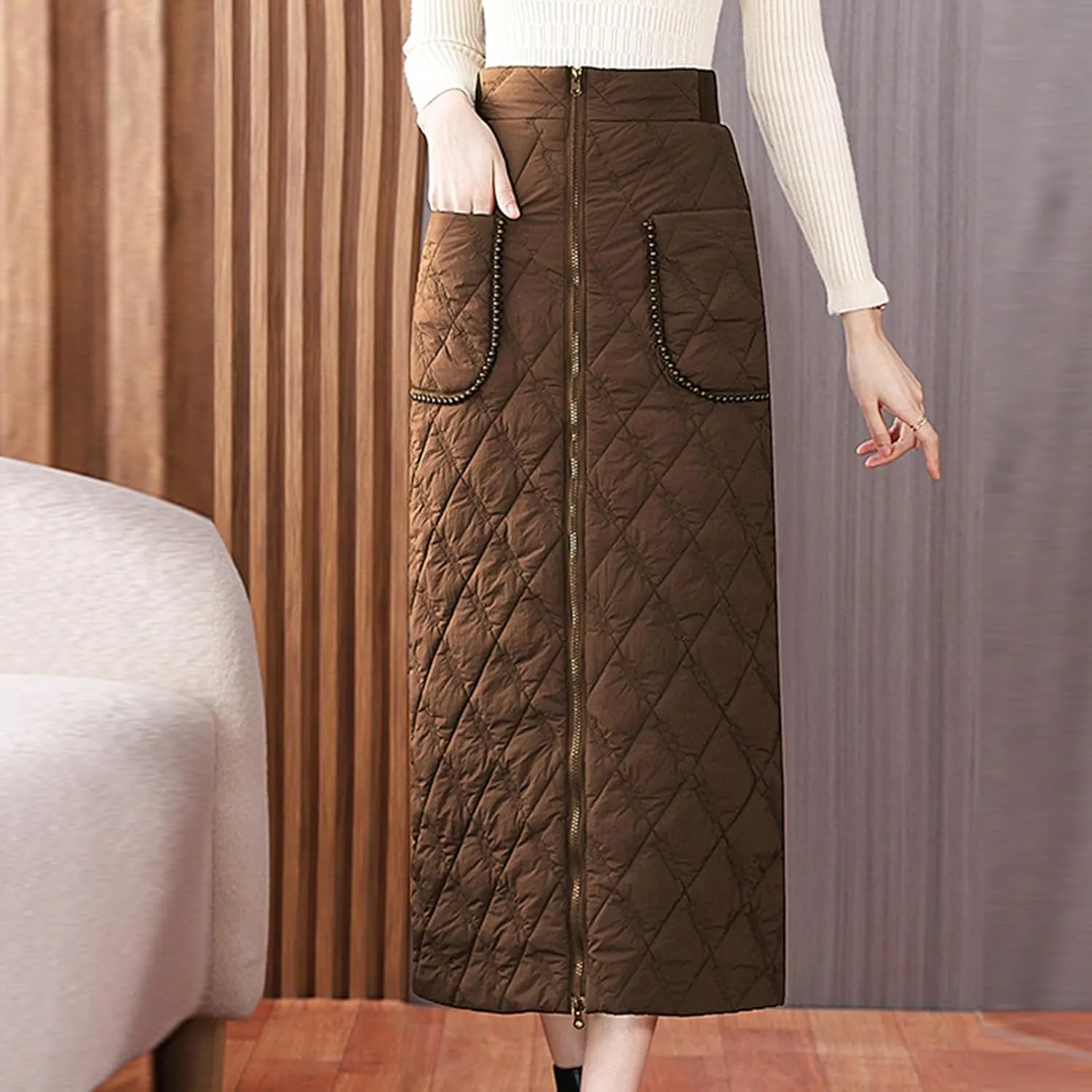 Quilted Maxi Skirt Women Zipper Pockets high Waist Skirt Winter or Fall