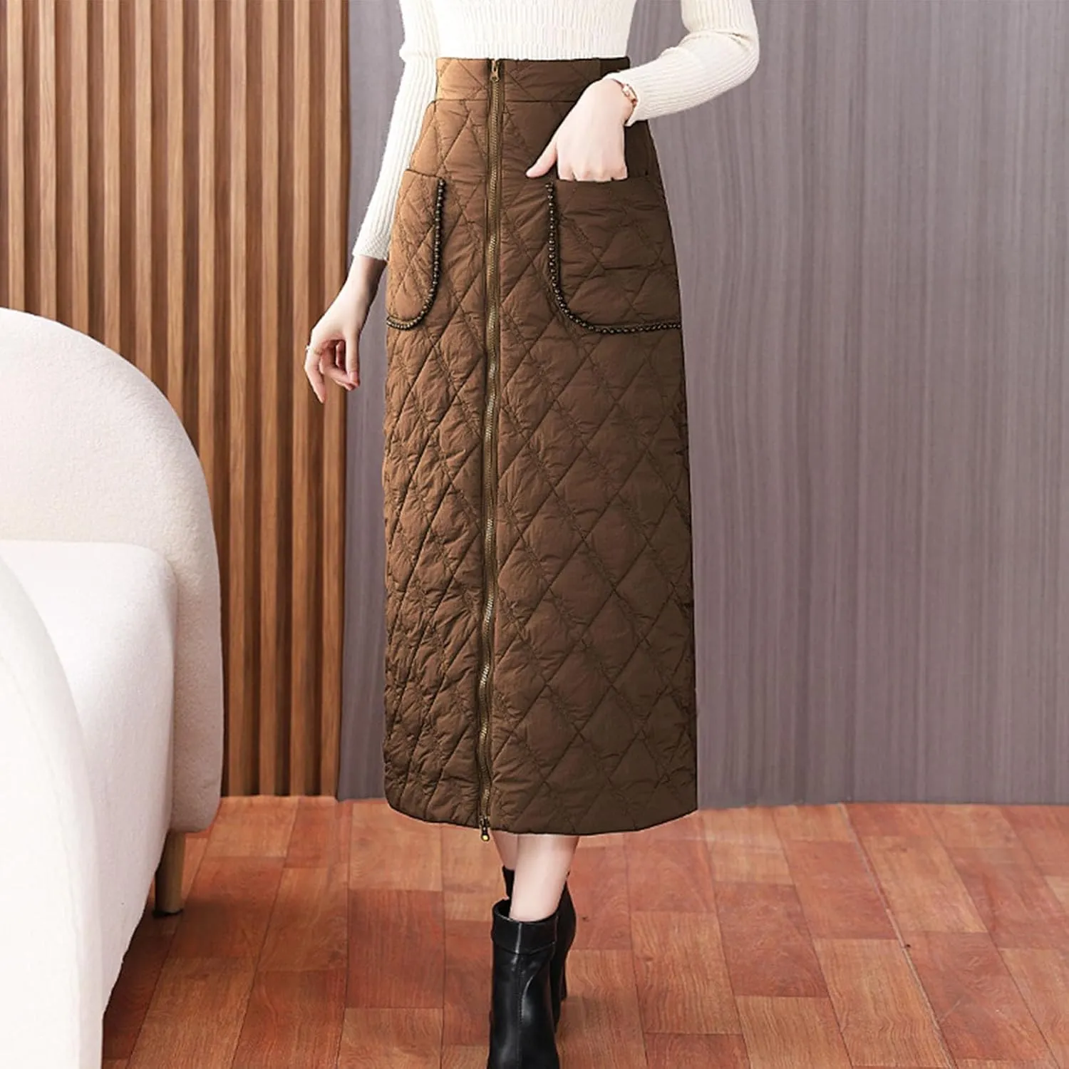 Quilted Maxi Skirt Women Zipper Pockets high Waist Skirt Winter or Fall