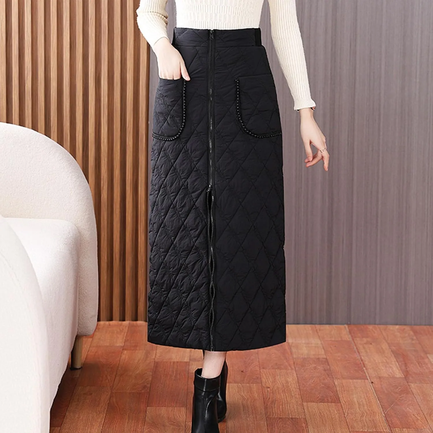 Quilted Maxi Skirt Women Zipper Pockets high Waist Skirt Winter or Fall
