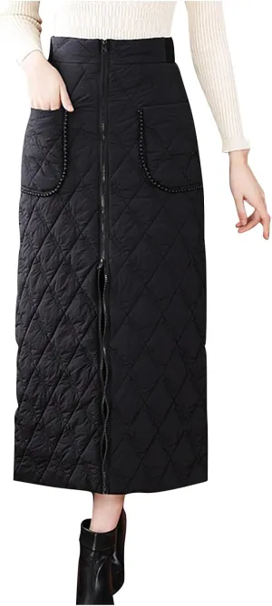 Quilted Maxi Skirt Women Zipper Pockets high Waist Skirt Winter or Fall