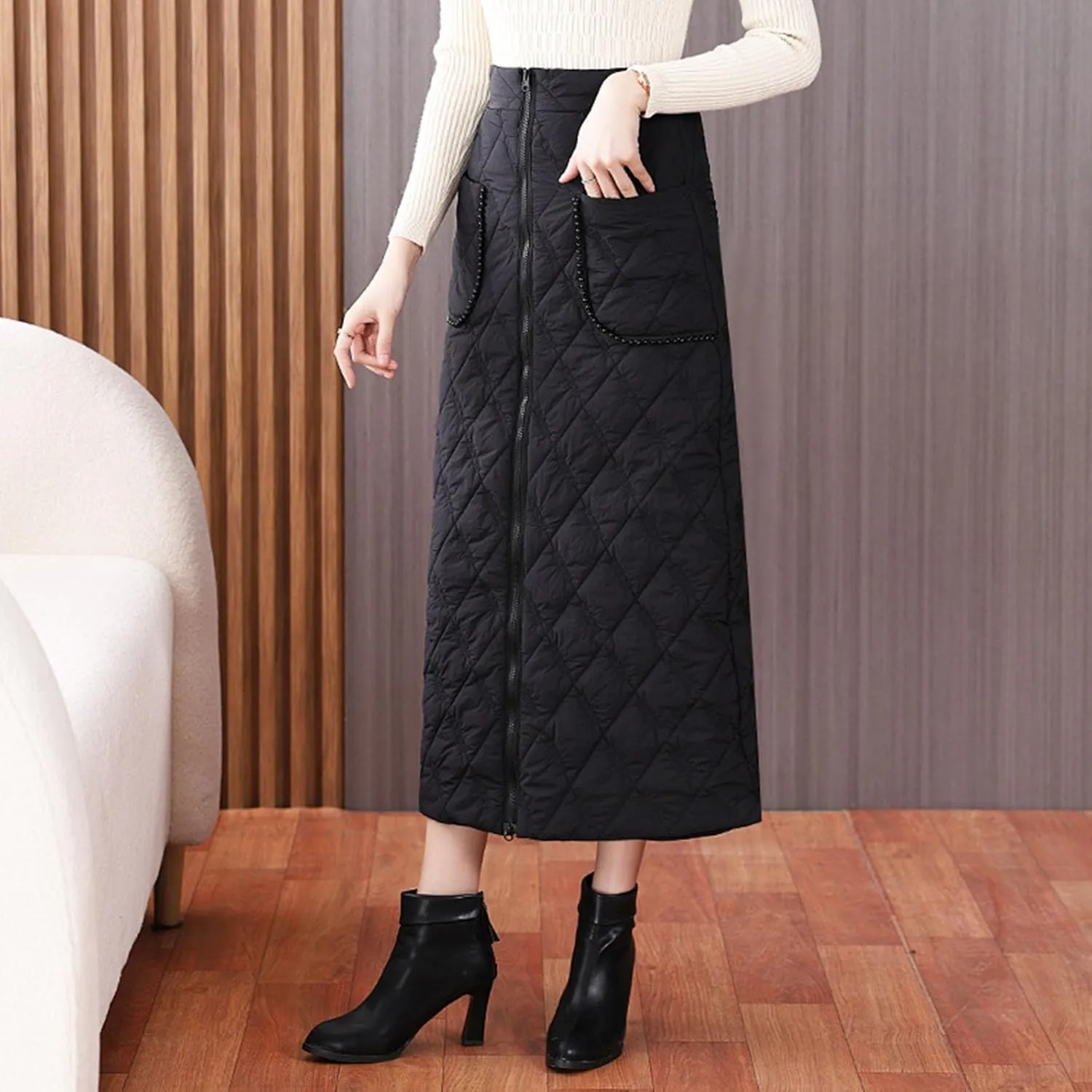 Quilted Maxi Skirt Women Zipper Pockets high Waist Skirt Winter or Fall