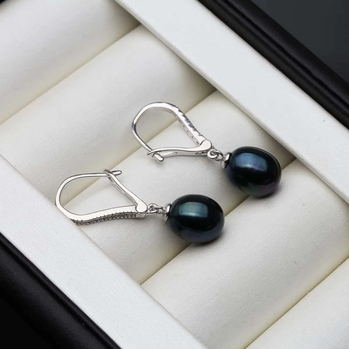 Real Freshwater Grey Black Pearl Earrings for Women,925 Sterling Silver Pearl Earring Drop Dangle Mother Wife Gift EK