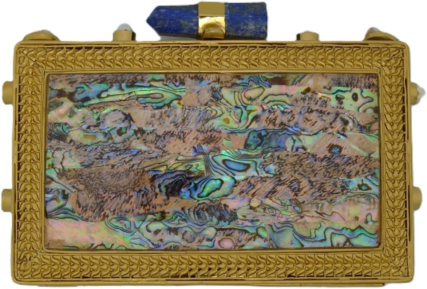 Rectangular Abalone Shell Clutch Bag with Gold Brass Frame, Gemstone Clasp, Velvet Lining & Pearl Chain  Handmade Evening Purse for Women
