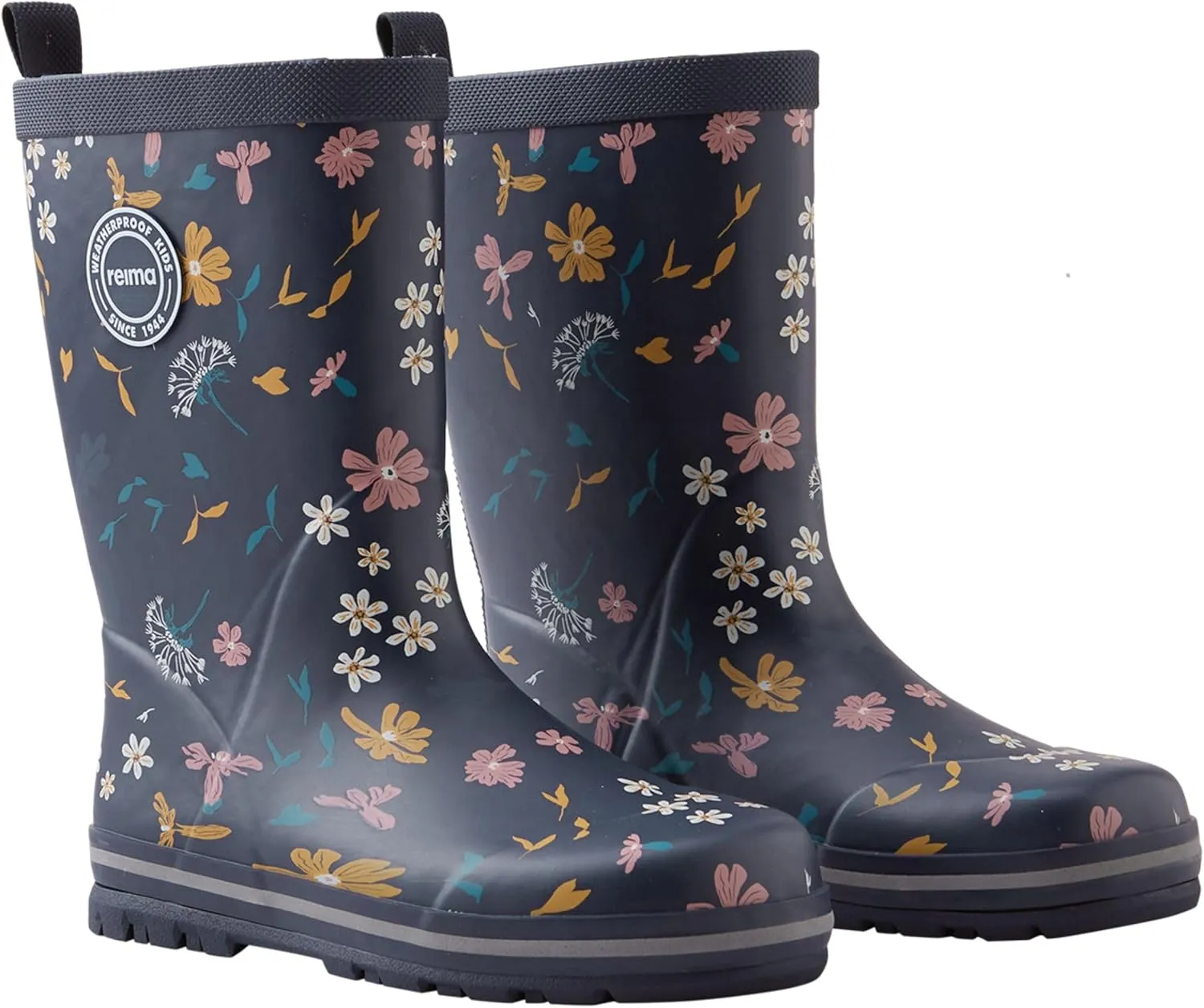 Reima Taika Kids Waterproof Outdoor Rain Boots for Girls & Boys, Navy Flowers, 6/6.5 Big Kid