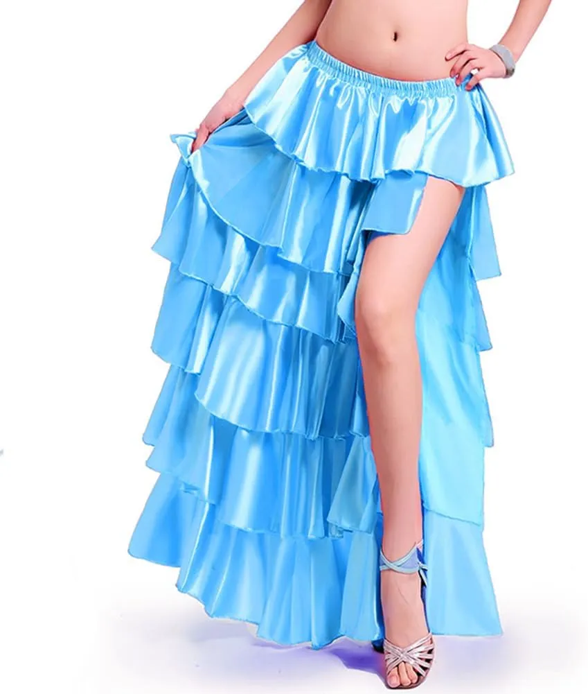 ROYAL SMEELA Women Maxi Satin Skirt Floor Length Layered Ruffle High Split Spectial Occasion Dance Skirts
