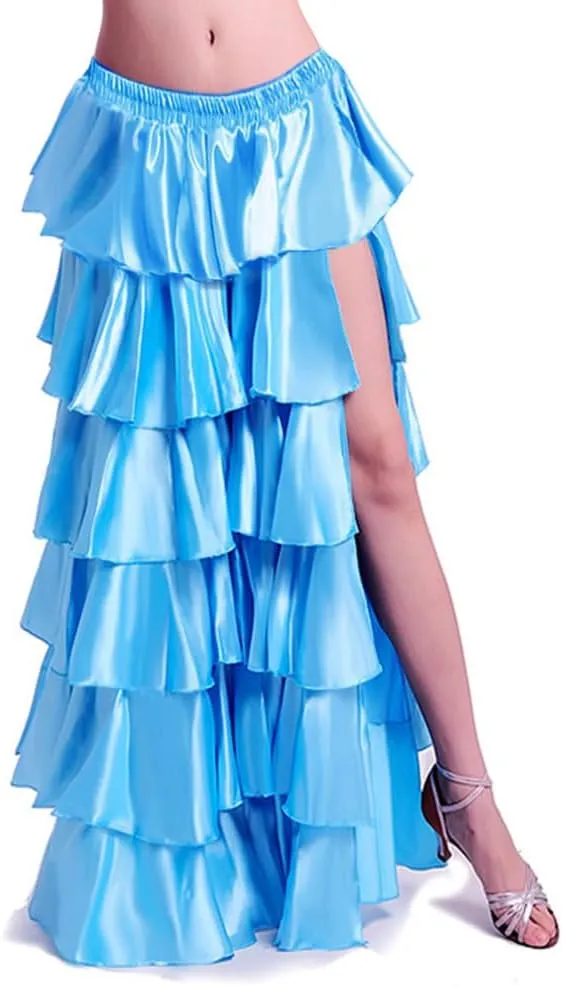 ROYAL SMEELA Women Maxi Satin Skirt Floor Length Layered Ruffle High Split Spectial Occasion Dance Skirts