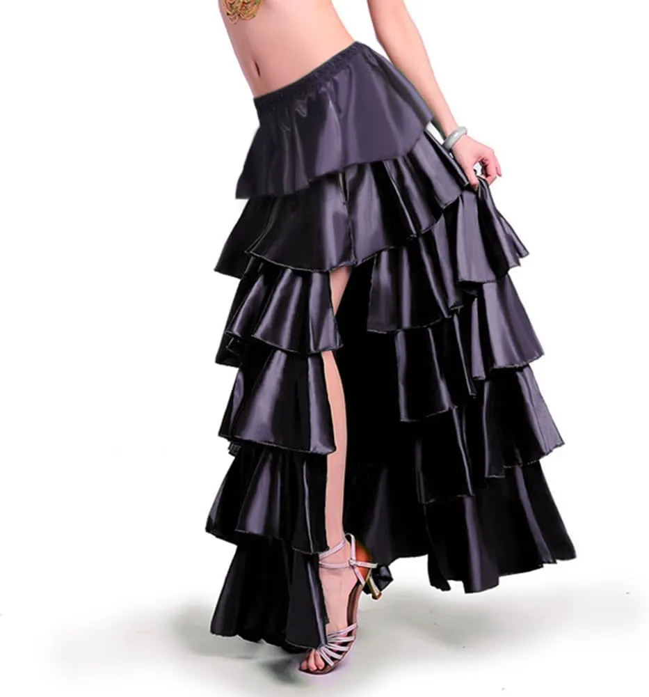 ROYAL SMEELA Women Maxi Satin Skirt Floor Length Layered Ruffle High Split Spectial Occasion Dance Skirts