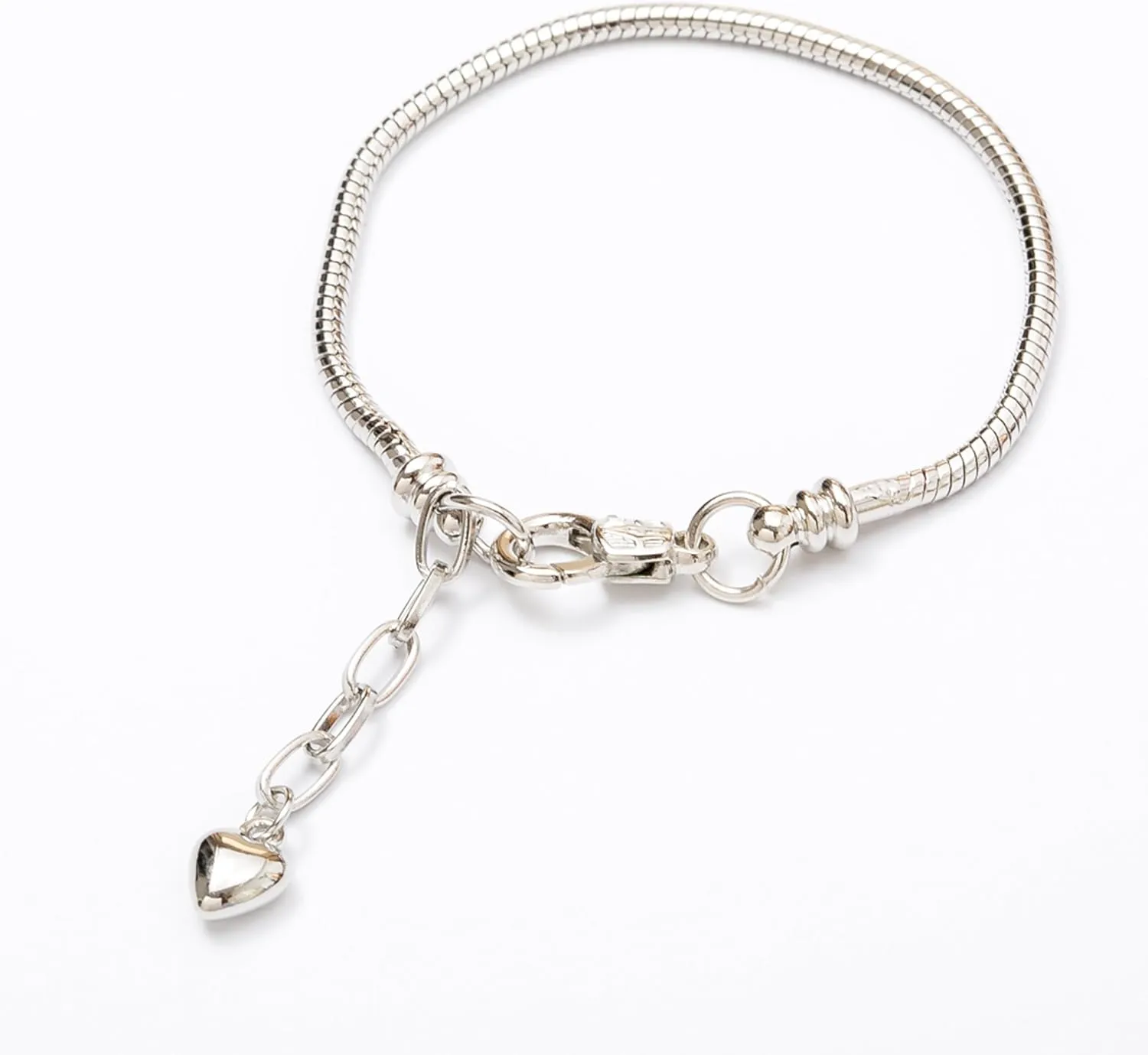 RUBYCA 10pcs White Silver Plated Heart Lobster European Snake Chain Bracelets fit Charm Beads 7.9"