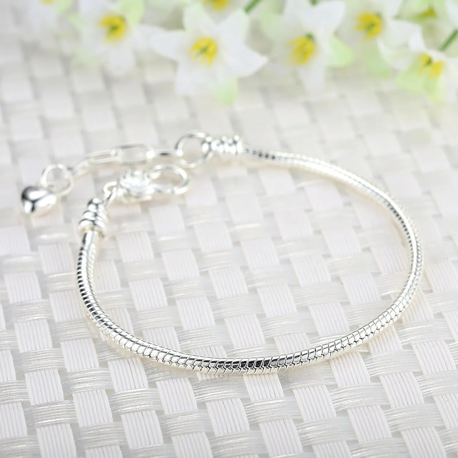 RUBYCA 10pcs White Silver Plated Heart Lobster European Snake Chain Bracelets fit Charm Beads 7.9"