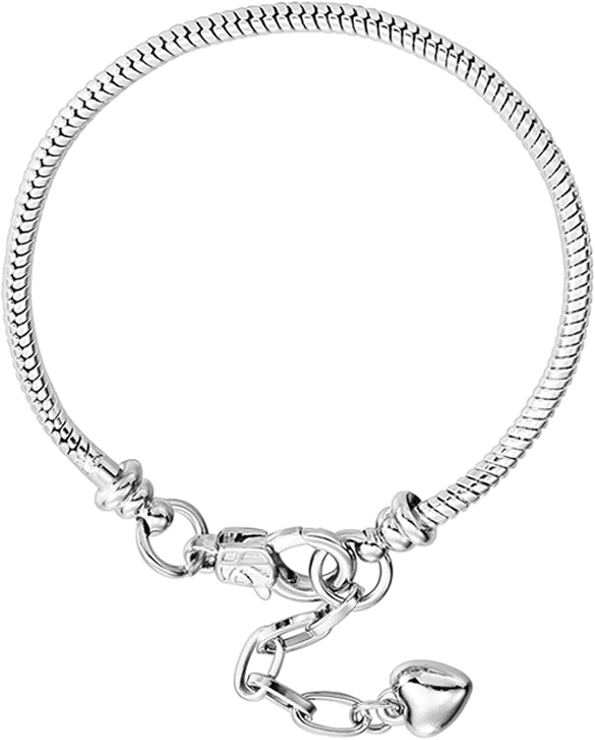RUBYCA 10pcs White Silver Plated Heart Lobster European Snake Chain Bracelets fit Charm Beads 7.9"