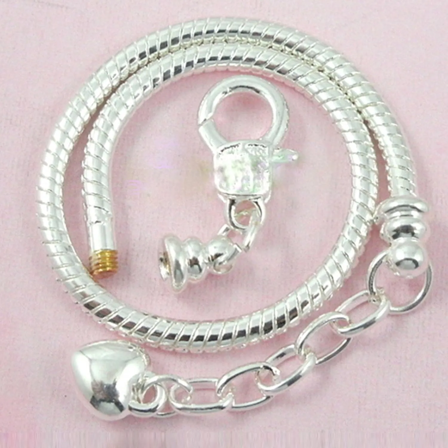 RUBYCA 10pcs White Silver Plated Heart Lobster European Snake Chain Bracelets fit Charm Beads 7.9"