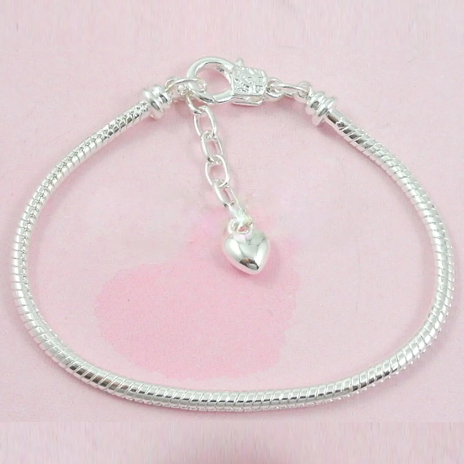 RUBYCA 10pcs White Silver Plated Heart Lobster European Snake Chain Bracelets fit Charm Beads 7.9"
