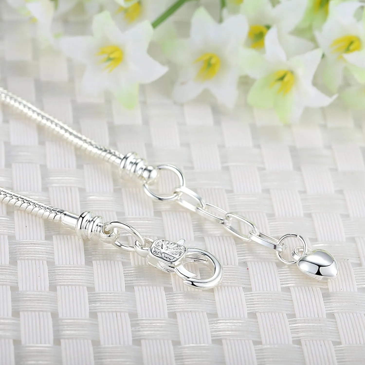 RUBYCA 10pcs White Silver Plated Heart Lobster European Snake Chain Bracelets fit Charm Beads 7.9"
