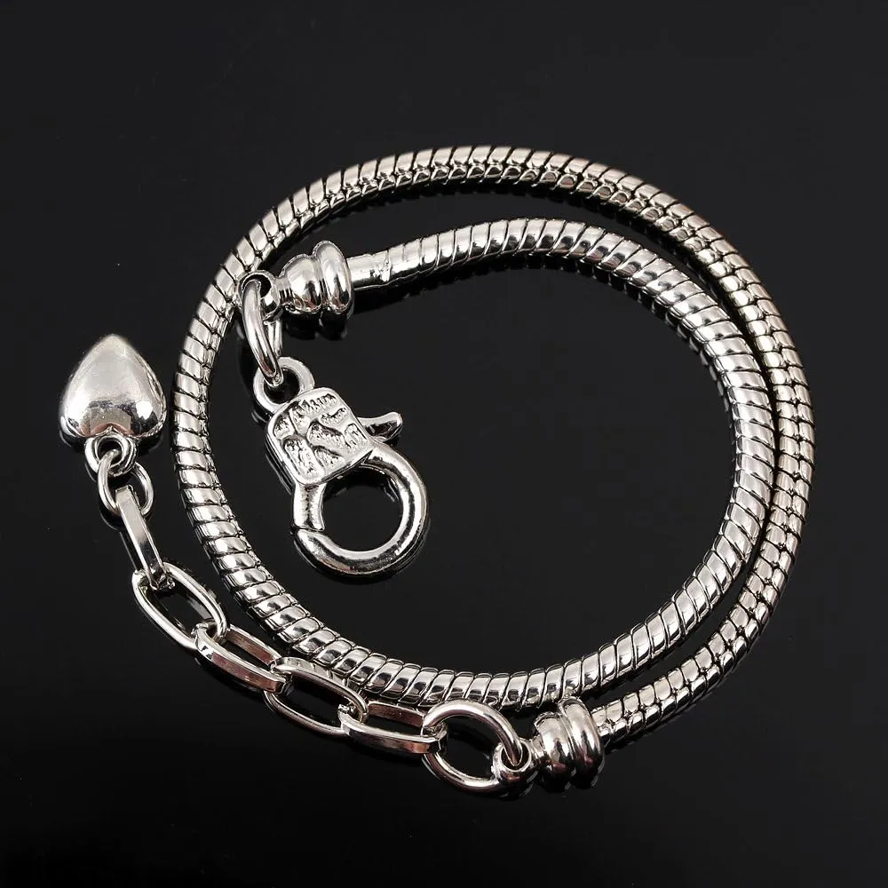 RUBYCA 5pcs Silver Color Heart Lobster European Style Snake Chain Bracelets fit Charm Beads 8.7"