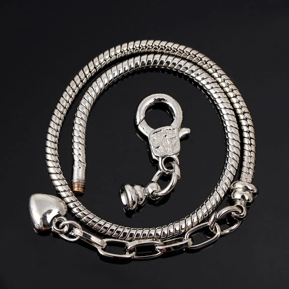 RUBYCA 5pcs Silver Color Heart Lobster European Style Snake Chain Bracelets fit Charm Beads 8.7"