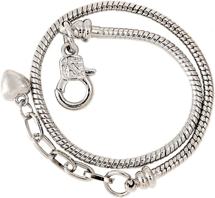 RUBYCA 5pcs Silver Color Heart Lobster European Style Snake Chain Bracelets fit Charm Beads 8.7"