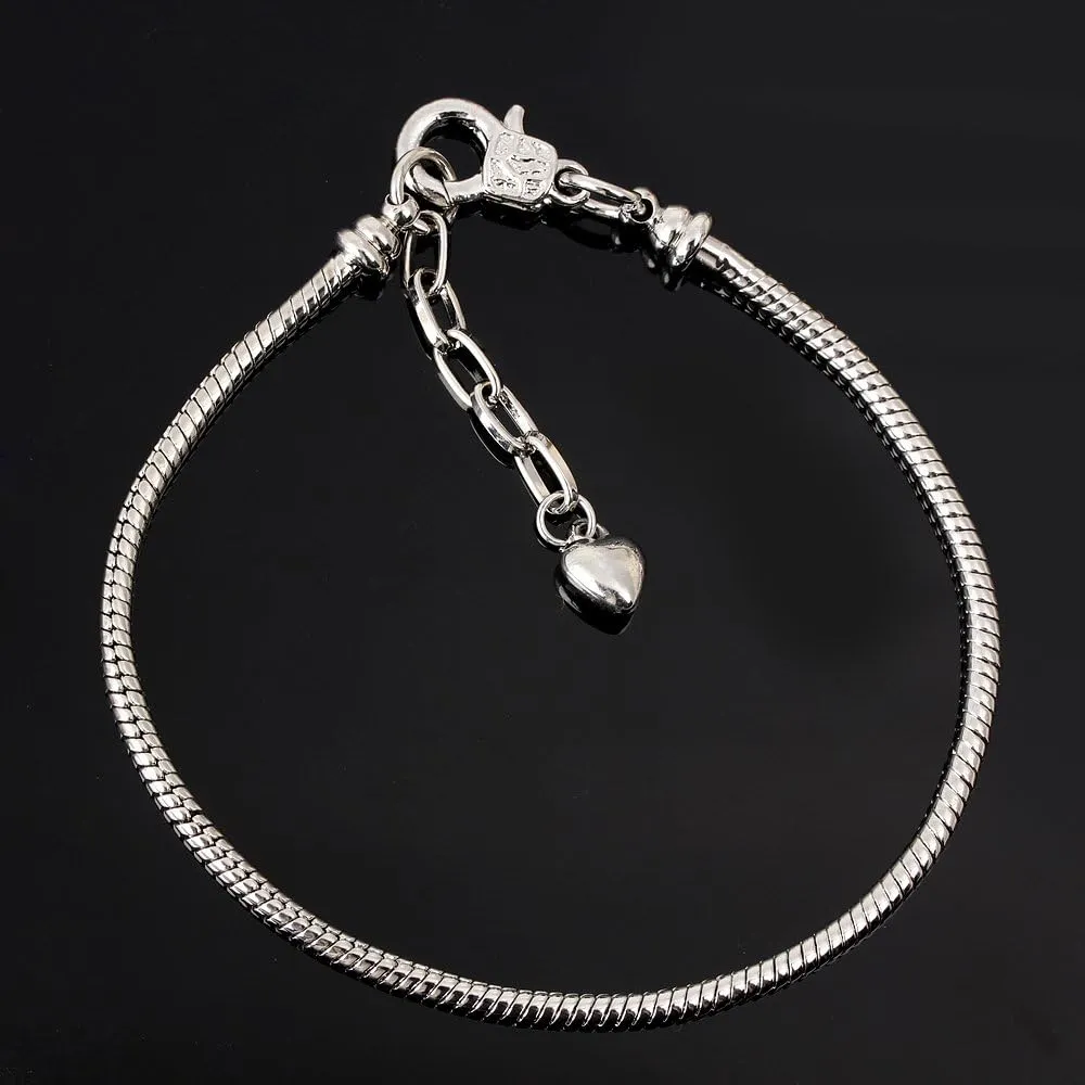 RUBYCA 5pcs Silver Color Heart Lobster European Style Snake Chain Bracelets fit Charm Beads 8.7"