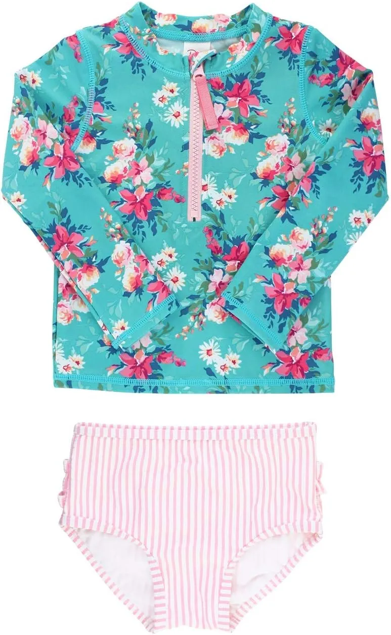 RuffleButts Baby/Toddler Girls Long Sleeve Rash Guard 2 Piece Swimsuit Set w/UPF 50  Sun Protection with Zipper