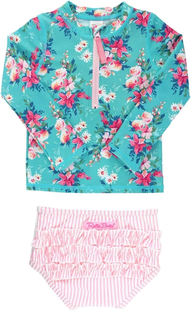 RuffleButts Baby/Toddler Girls Long Sleeve Rash Guard 2 Piece Swimsuit Set w/UPF 50  Sun Protection with Zipper