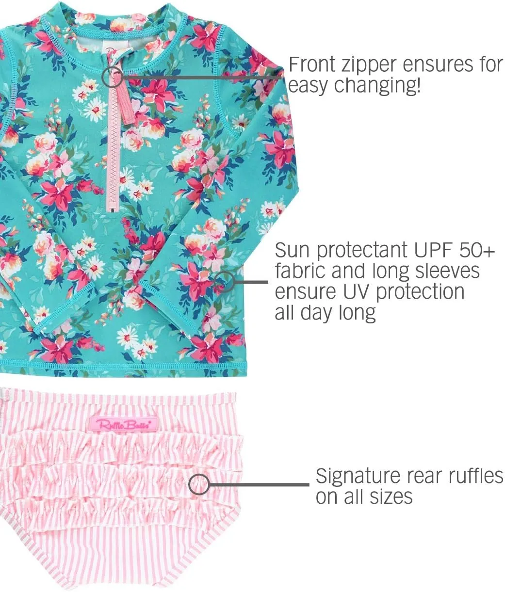 RuffleButts Baby/Toddler Girls Long Sleeve Rash Guard 2 Piece Swimsuit Set w/UPF 50  Sun Protection with Zipper