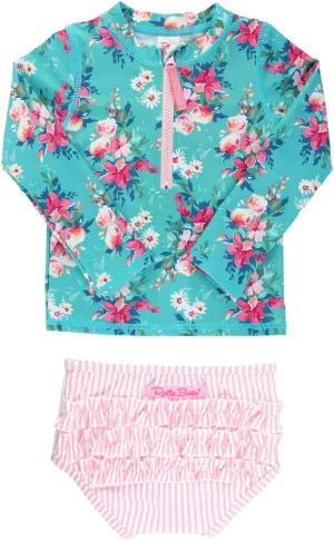 RuffleButts Baby/Toddler Girls Long Sleeve Rash Guard 2 Piece Swimsuit Set w/UPF 50  Sun Protection with Zipper