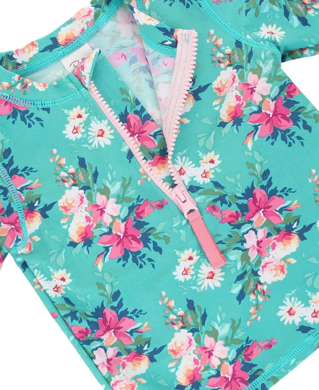 RuffleButts Baby/Toddler Girls Long Sleeve Rash Guard 2 Piece Swimsuit Set w/UPF 50  Sun Protection with Zipper