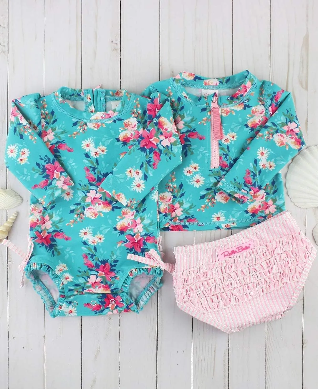 RuffleButts Baby/Toddler Girls Long Sleeve Rash Guard 2 Piece Swimsuit Set w/UPF 50  Sun Protection with Zipper