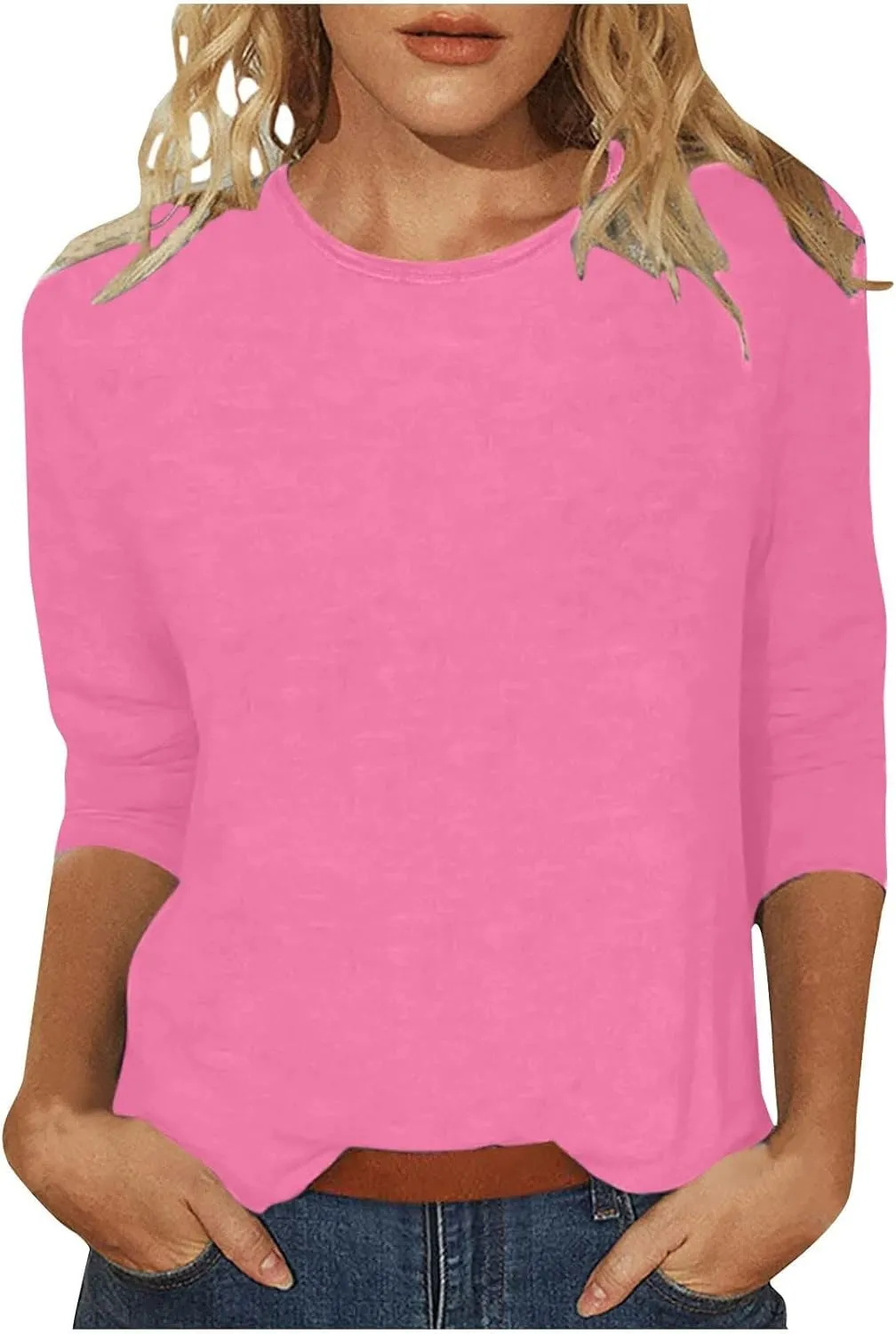 SHAOBGE 3/4 Sleeve Tops for Women's Solid Color Round Neck Slim Seven Point Sleeve T Shirt Top Women's Active