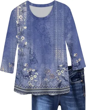 Shirts for Women Trendy 3/4 Length Sleeve Summer Crewneck Tops Plus Size Floral Print 1/2 Sleeve Drassy Casual Blouses