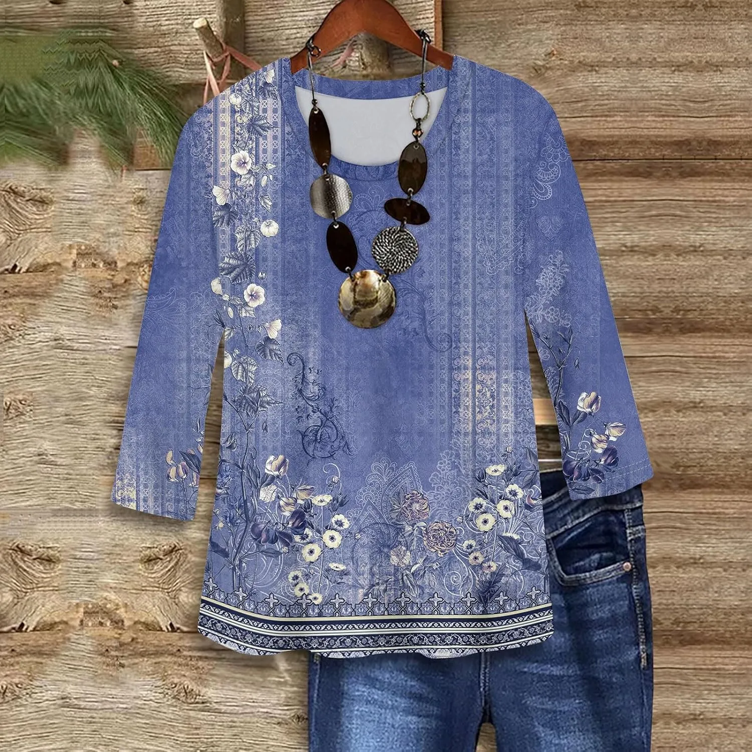 Shirts for Women Trendy 3/4 Length Sleeve Summer Crewneck Tops Plus Size Floral Print 1/2 Sleeve Drassy Casual Blouses
