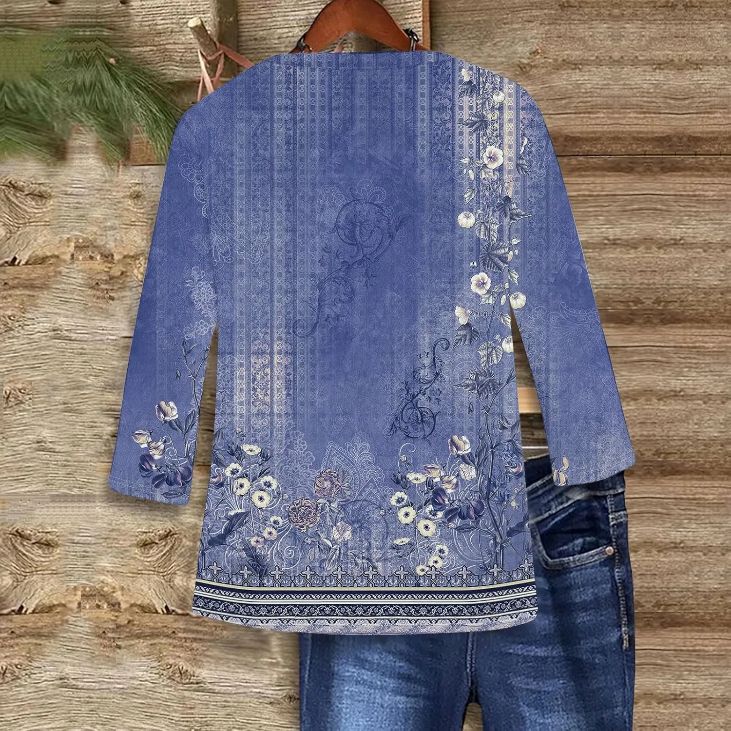 Shirts for Women Trendy 3/4 Length Sleeve Summer Crewneck Tops Plus Size Floral Print 1/2 Sleeve Drassy Casual Blouses