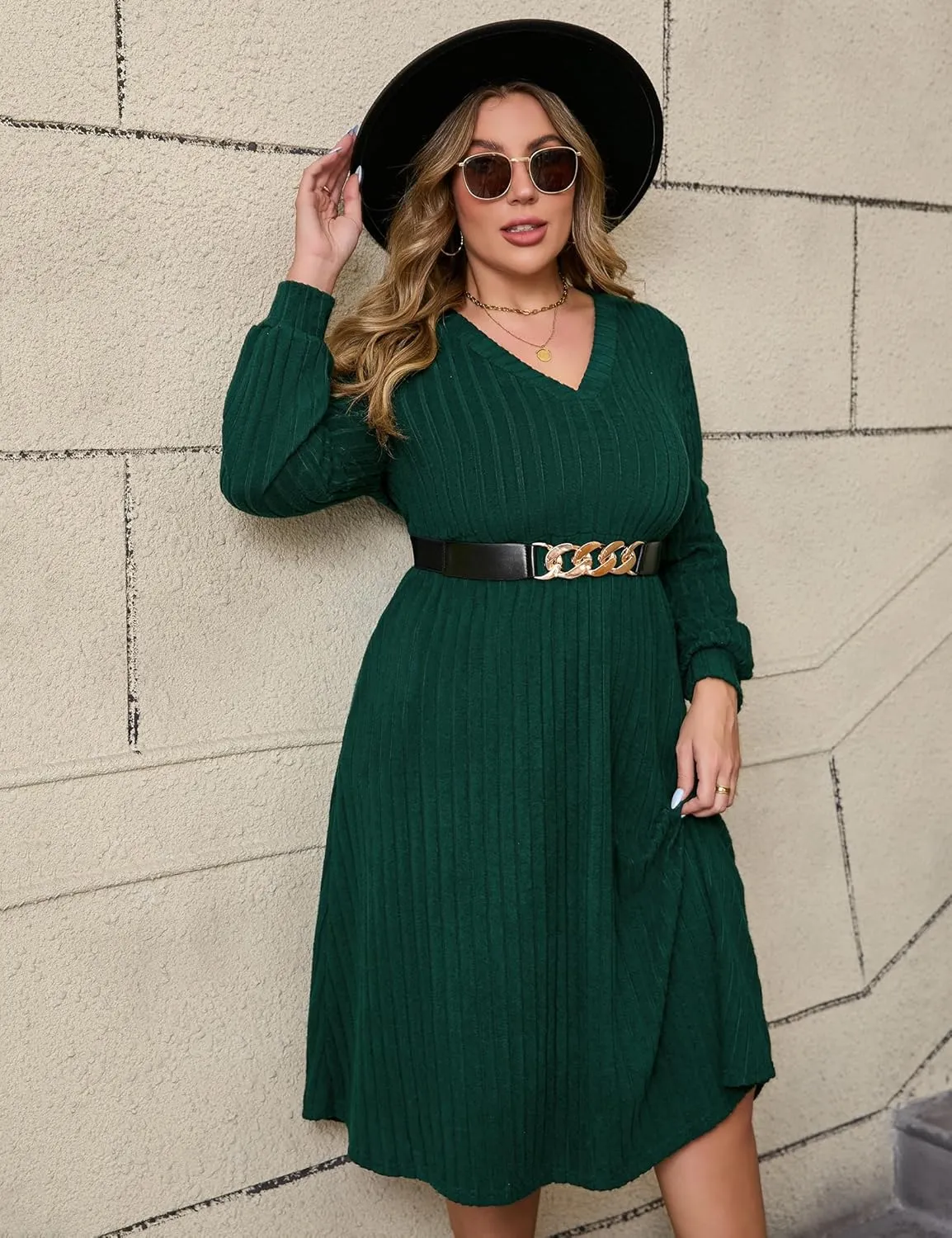 ShopWonder Womens Plus Size V-Neck Lantern Long Sleeve Casual Loose Winter Pullover Sweater Midi Dresses with Belt