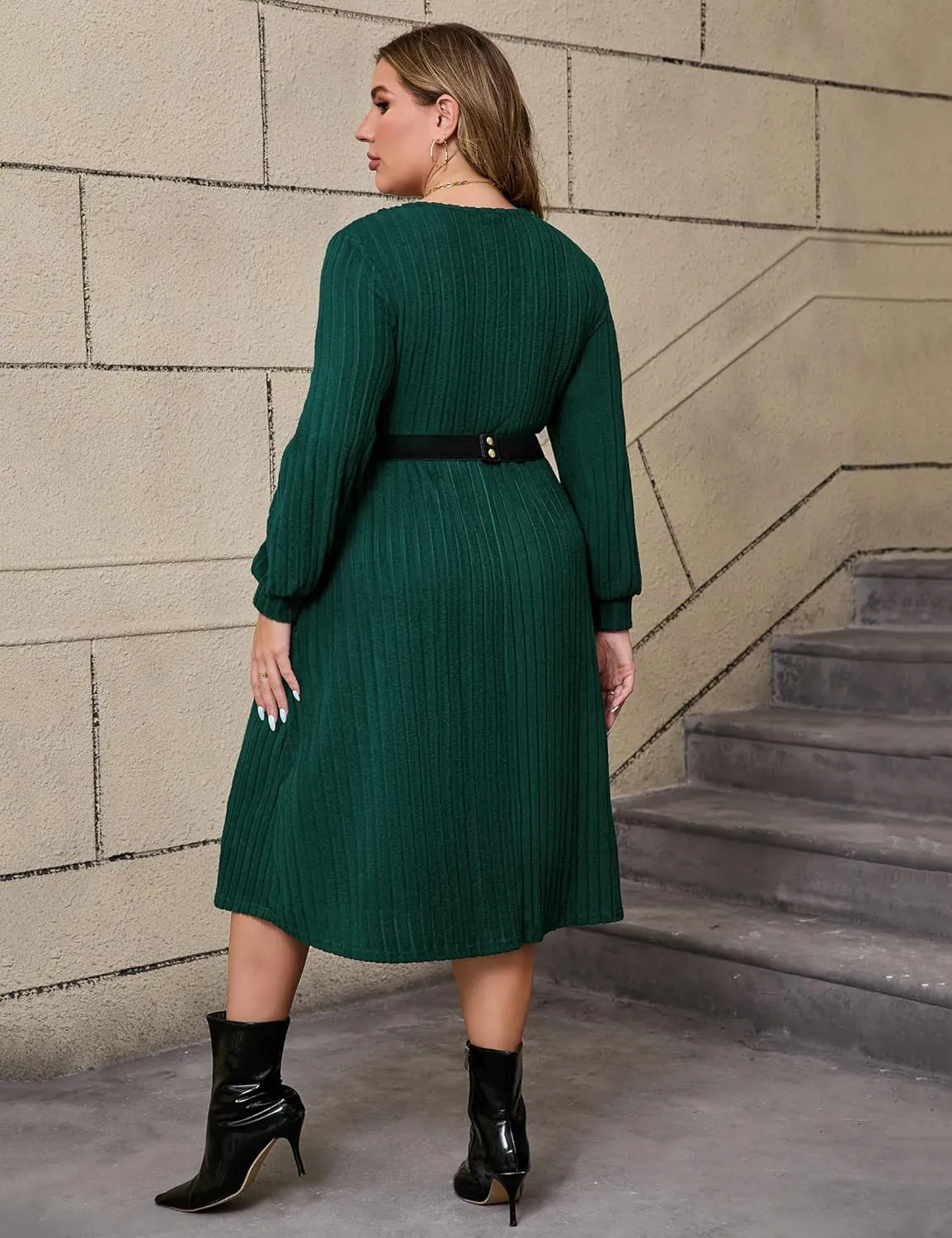 ShopWonder Womens Plus Size V-Neck Lantern Long Sleeve Casual Loose Winter Pullover Sweater Midi Dresses with Belt